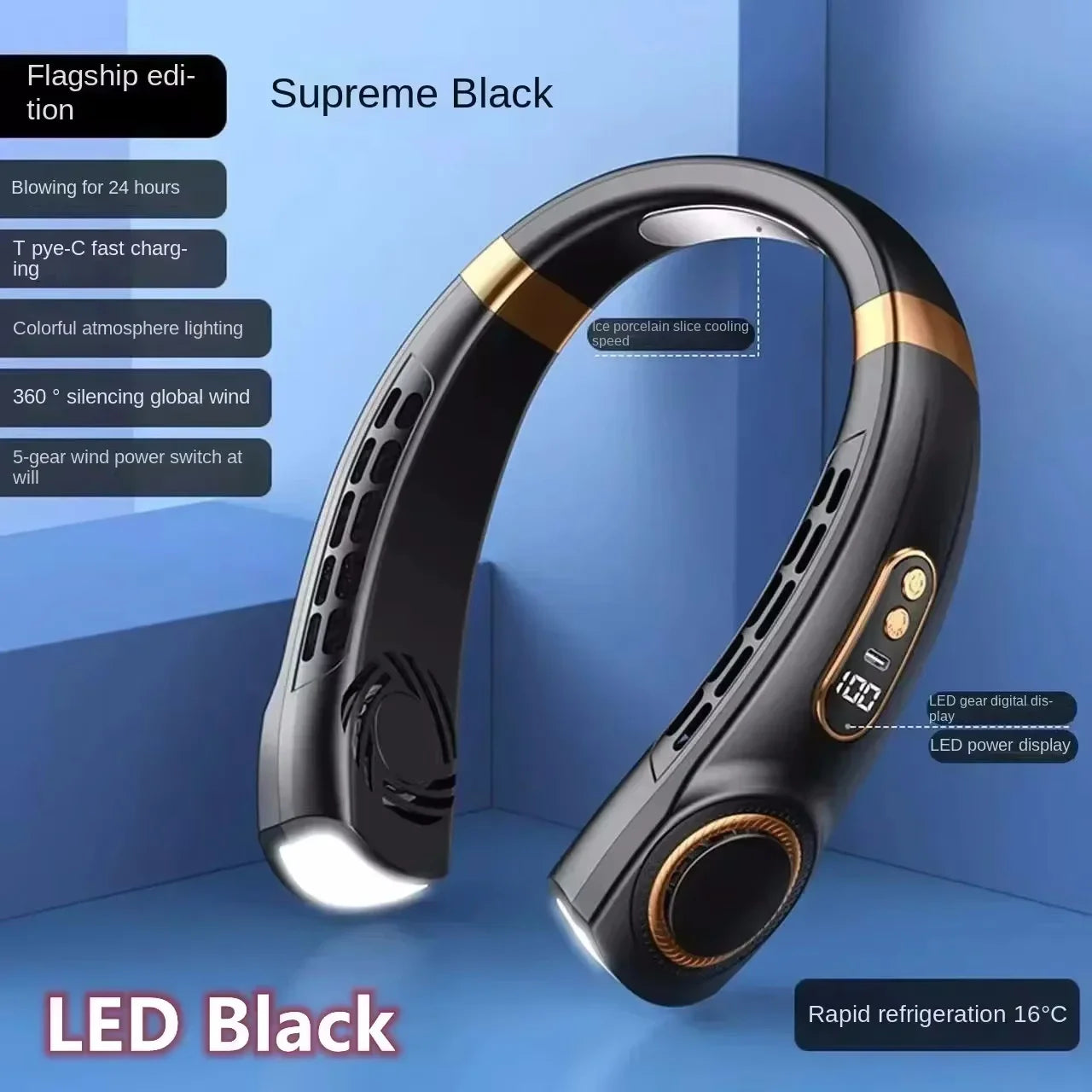 Portable Bladeless Neck Fan — 8000mAh, 100 Speed Settings, LED Display, USB Rechargeable