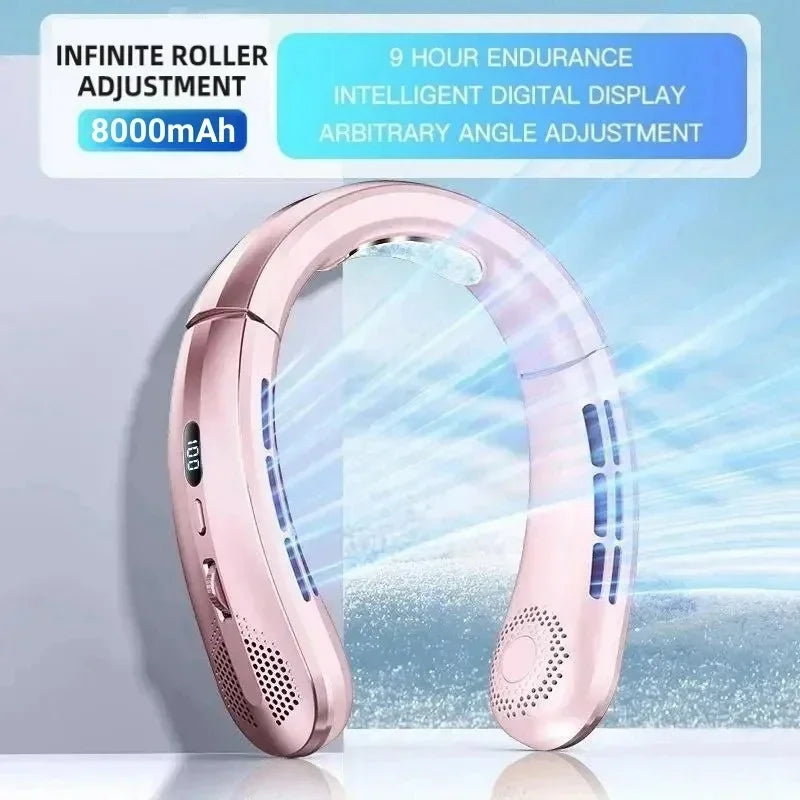 Portable Bladeless Neck Fan — 8000mAh, 100 Speed Settings, LED Display, USB Rechargeable