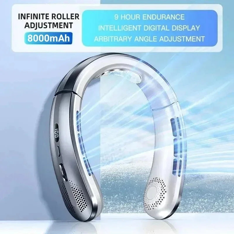 Portable Bladeless Neck Fan — 8000mAh, 100 Speed Settings, LED Display, USB Rechargeable