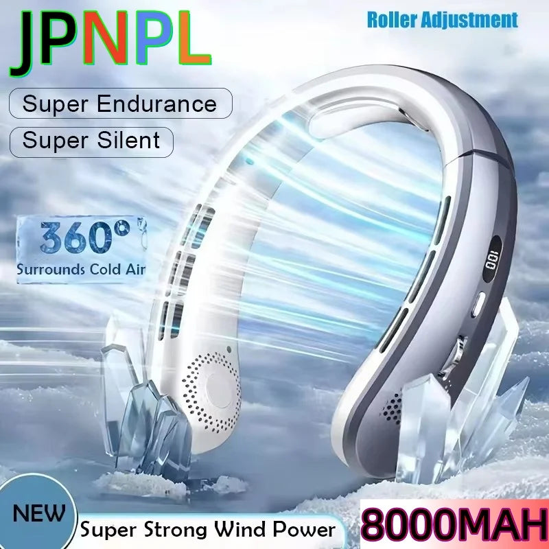 Portable Bladeless Neck Fan — 8000mAh, 100 Speed Settings, LED Display, USB Rechargeable