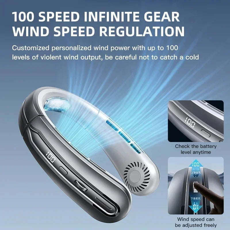 Portable Bladeless Neck Fan — 8000mAh, 100 Speed Settings, LED Display, USB Rechargeable