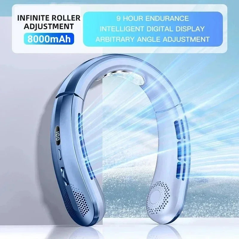 Portable Bladeless Neck Fan — 8000mAh, 100 Speed Settings, LED Display, USB Rechargeable