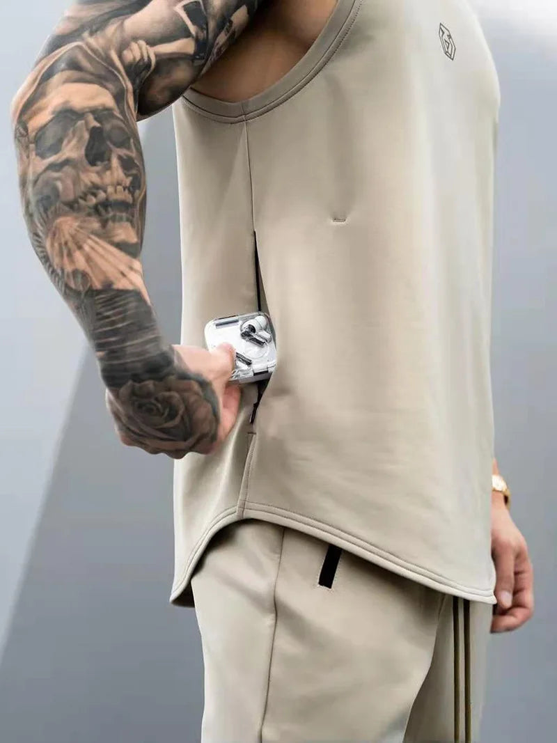 Men's Loose Fit Sleeveless Gym Tank Top — Side Zipper Pocket | Cotton Blend, M–2XL
