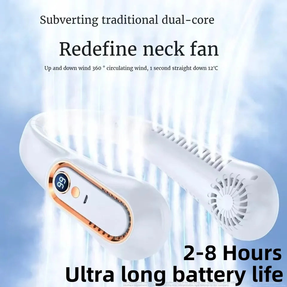 Portable Bladeless Neck Fan — 8000mAh, 100 Speed Settings, LED Display, USB Rechargeable