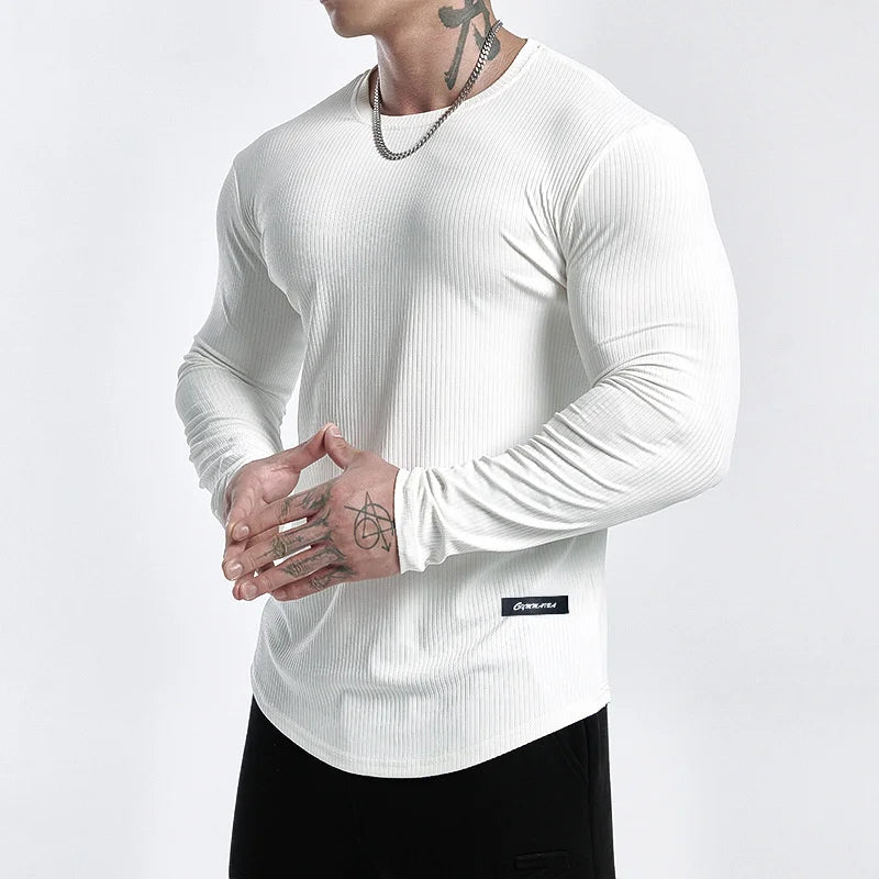 Men's Striped Long Sleeve Sport T-Shirt – Elastic Quick-Dry Training Top